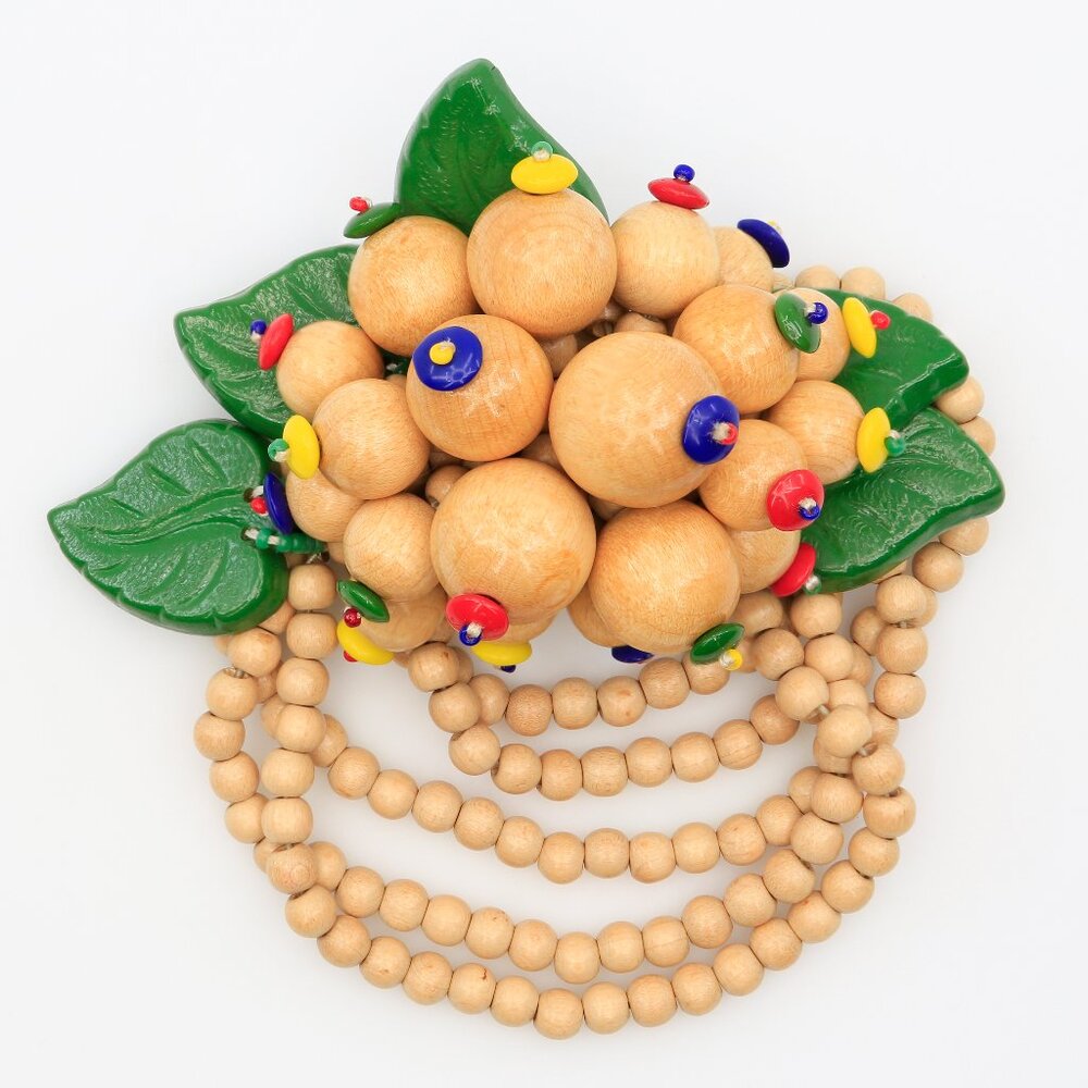 Vintage Early Haskell Style Wooden Beads and Leaves Stretch Bracelet 1930s‎